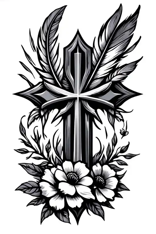 feather Arrow made into cross with flowers and a Ichthus tattoo design idea
