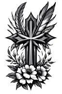 feather Arrow made into cross with flowers and a Ichthus tattoo design idea