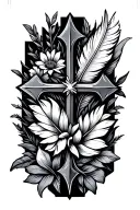 feather Arrow made into cross with flowers and a Ichthus tattoo design idea