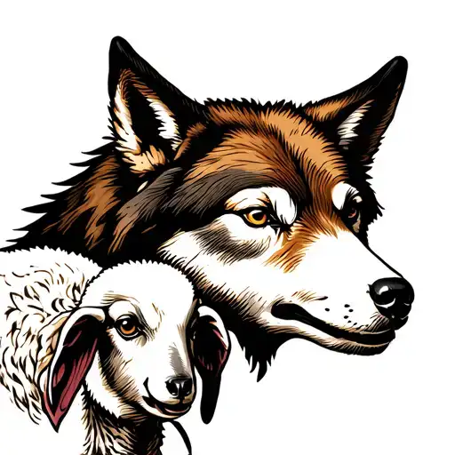 American traditional wolf head eating lamb head tattoo design idea