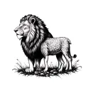 A detailed illustration of a lion and a lamb peacefully coexisting, symbolizing peace and harmony in Christianity tattoo design idea