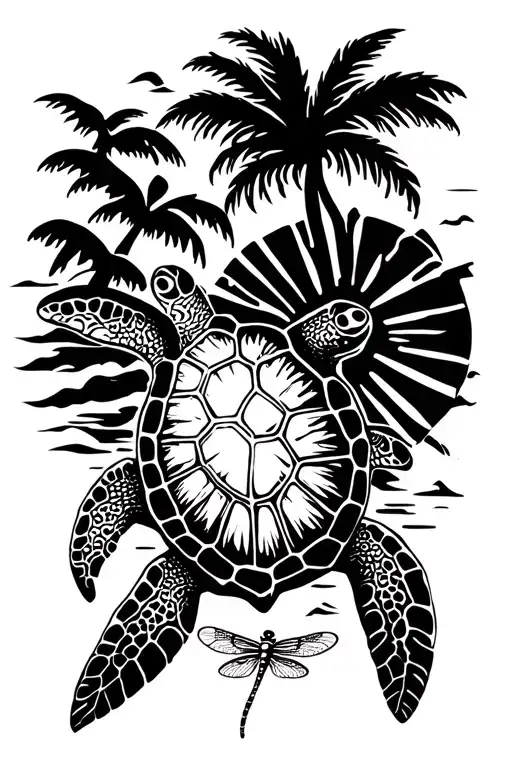 sea turtle, palm tree, sea, dragonfly, sun rise or set tattoo design idea