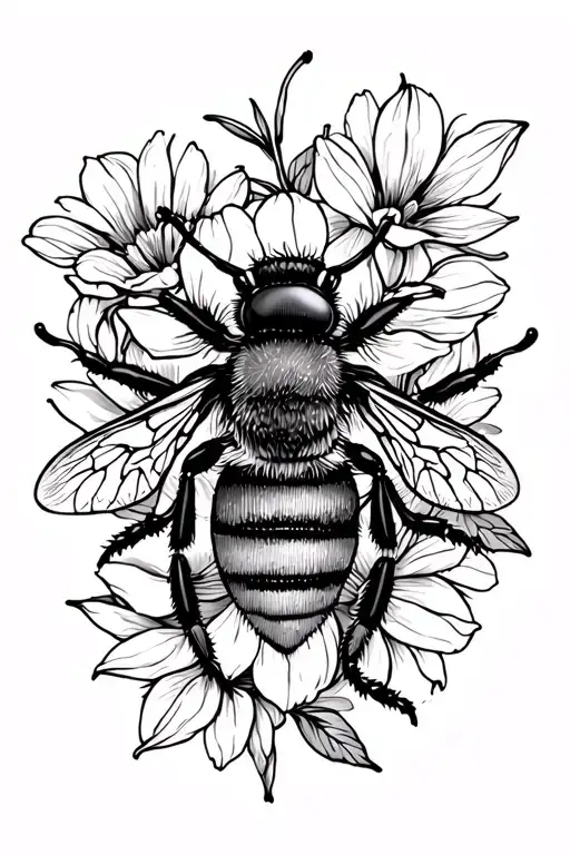 bee and flowers tattoo design idea