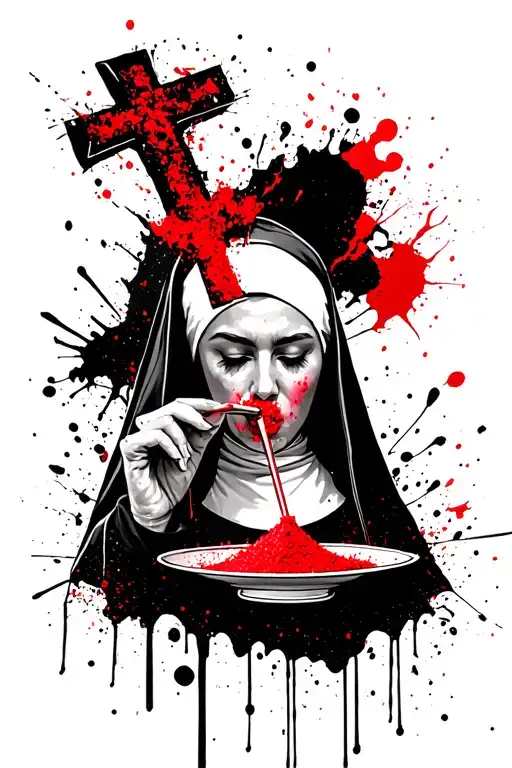 a nun snorting powder through a straw off a cross shaped plate tattoo design idea