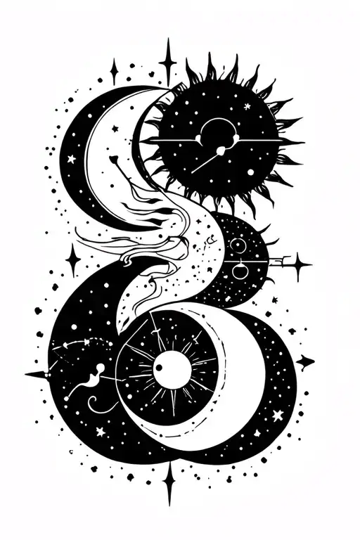 Libra, cancer and Leo constellation with a sun and moon. fine line design for placement down the sternum  tattoo design idea