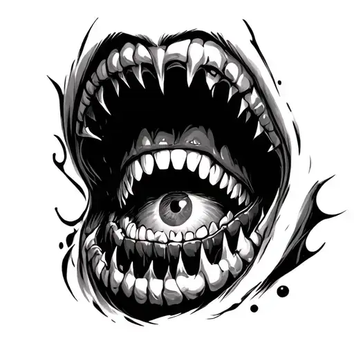 Creepy dark mouth with sharp teeth opening up with eye in the middle looking outwards tattoo design idea