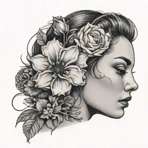 headshot of topless women with flowers underneath the photo  tattoo design idea