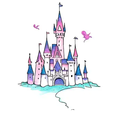 dainty disney castle tattoo with a little bit of color like purples pinks and blues pastel tattoo design idea