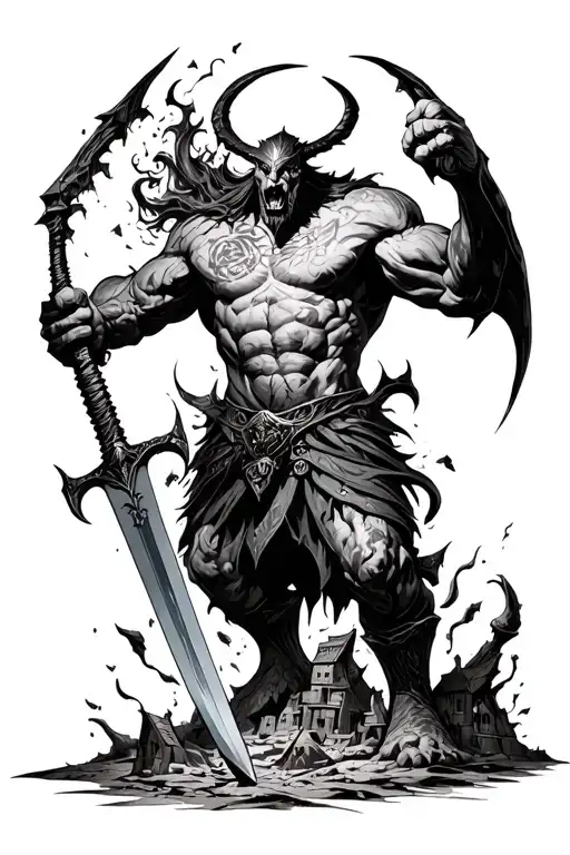 a giant destroying a medevil vilage with sword tattoo design idea