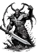 a giant destroying a medevil vilage with sword tattoo design idea