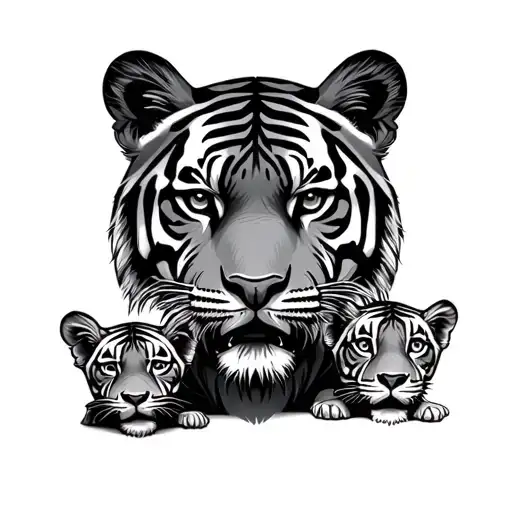 Tiger face emerging with 2 cubs tattoo design idea