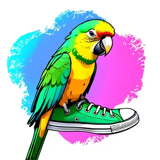 pale yellow Indian ringneck parrot with a green canvas sneaker tattoo design idea