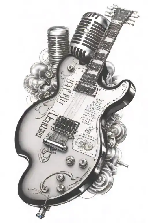 Gibson Les Paul guitar merging with retro microphone and piano keys  tattoo design idea
