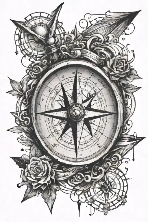 compass with the coordinates and an arrow with a surprise twist tattoo design idea