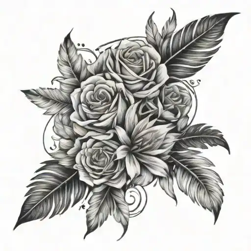 forearm flowers feathers and a road underneath black tattoo design idea