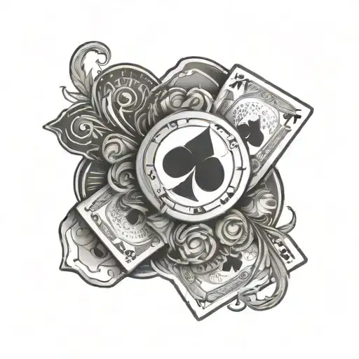 Black and grey tattoo for my grandpa he was a big poker player so I want poker cards, chips, money and like smoke backgr tattoo design idea