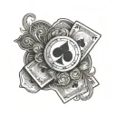 Black and grey tattoo for my grandpa he was a big poker player so I want poker cards, chips, money and like smoke backgr tattoo design idea