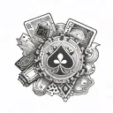 Black and grey tattoo for my grandpa he was a big poker player so I want poker cards, chips, money and like smoke backgr tattoo design idea