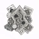 Black and grey tattoo for my grandpa he was a big poker player so I want poker cards, chips, money and like smoke backgr tattoo design idea