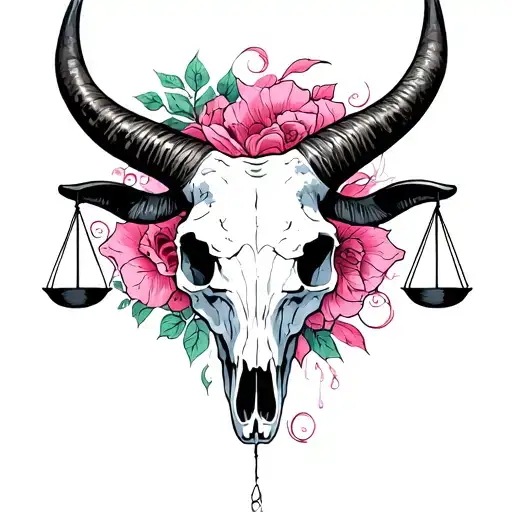 feminine taurus bull skull with Libra scales tattoo design idea