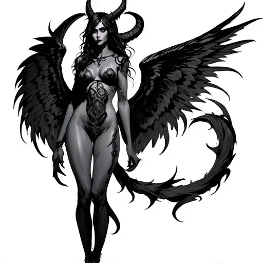A dark fantasy tattoo design of a female demon standing in a solemn pose. She has one large, black feathered wing that i tattoo design idea