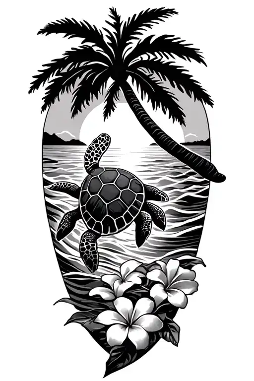 Sea turtle, ocean waves, plumeria, sunset, palm tree tattoo design idea