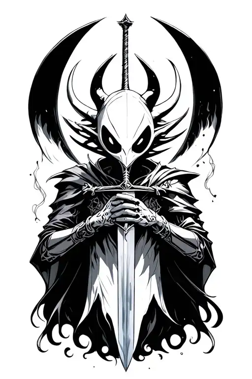 pure vessel hollow knight holding a sword tattoo design idea