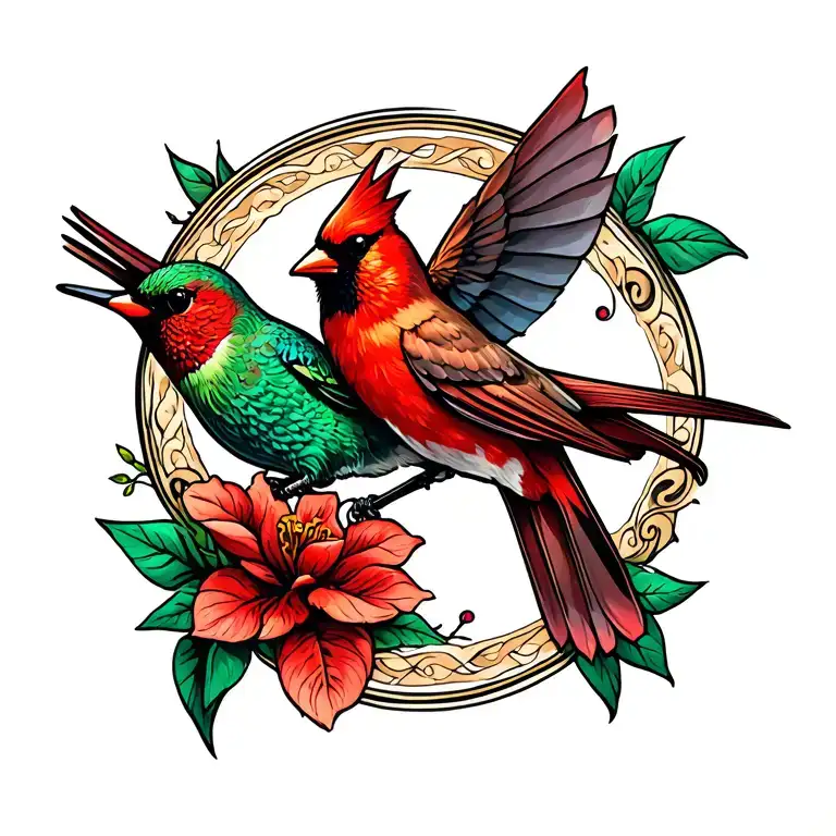 Infinity Cardinal & hummingbird hovering tattoo design idea