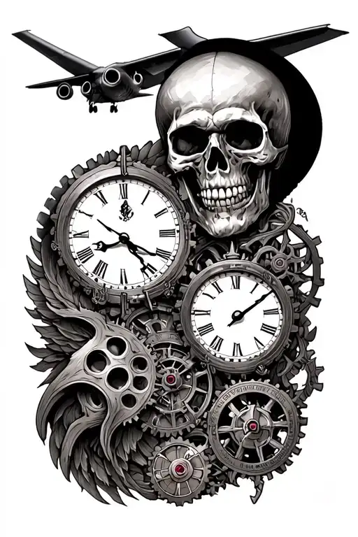 sleeve tattoo, skeleton, time piece showing gears, paratrooper scene, good vs evil theme, C130  tattoo design idea