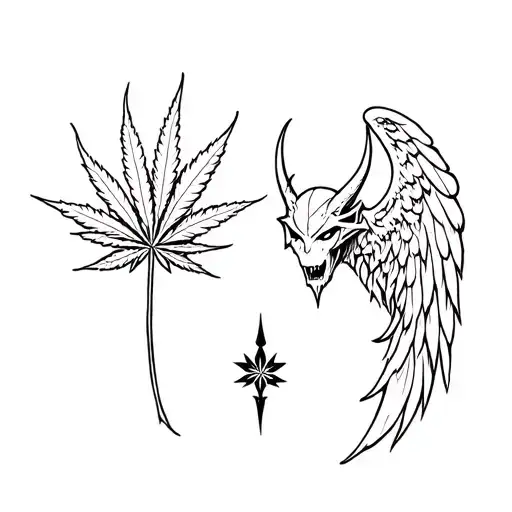 Two marijuan leaves stand next to one demon and the other angel tattoo design idea