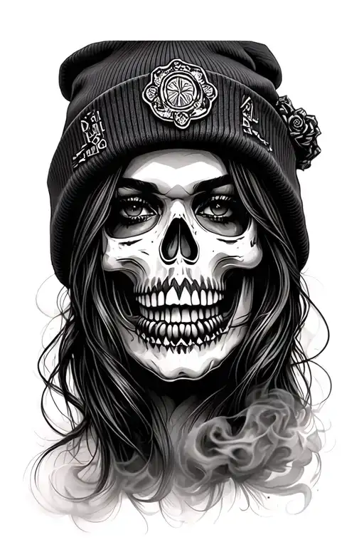 Chicano style woman, gothic Nadir beanie, 94 upside down, skull blend, smoke fade wrist, Breezy_Nadir hidden in smoke. tattoo design idea