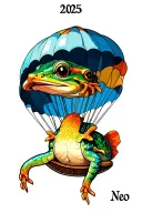 anthropomorphic coqui in a parachute with the number 2025 tattoo design idea