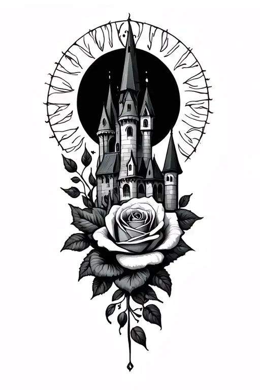 Gothic castle, Gothic rose, tower, sun, moon tattoo design idea