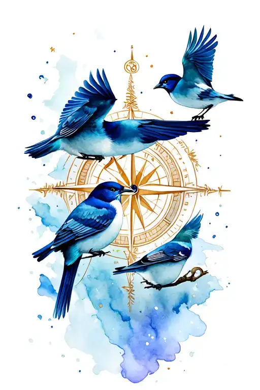 three birds and compass  tattoo design idea