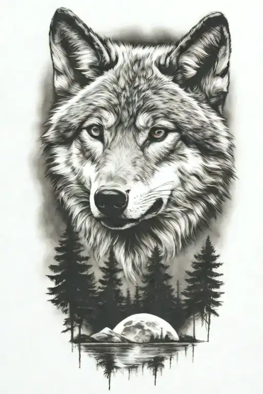 wolf cub, moon, forest, river, adult wolf head tattoo design idea