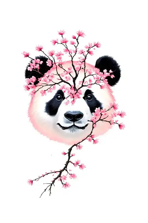 collage of cherry blossum trees that form the face of a panda tattoo design idea