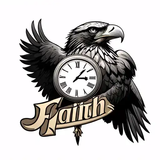 Eagle with a sand clock with the word faith tattoo design idea