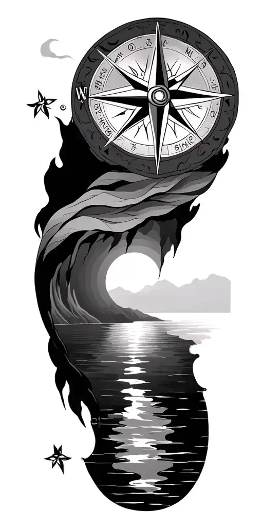 nature, sunset, compass rose tattoo design idea