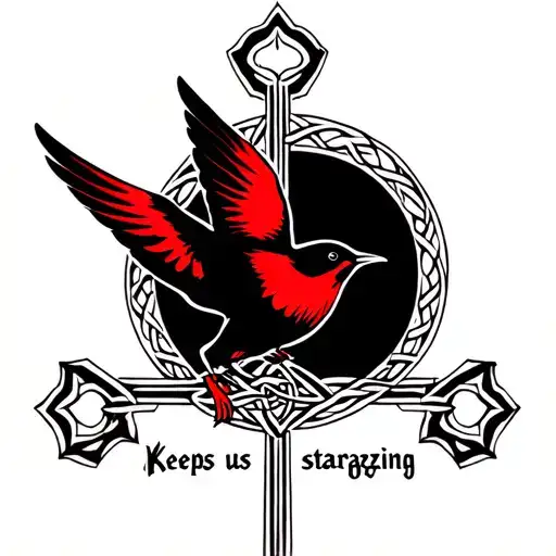 black and red swallow bird flying on Celtic cross with "keeps us stargazing"  tattoo design idea