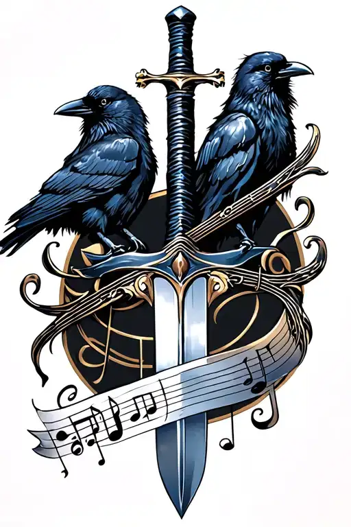 music notes and bar, sword, crows tattoo design idea