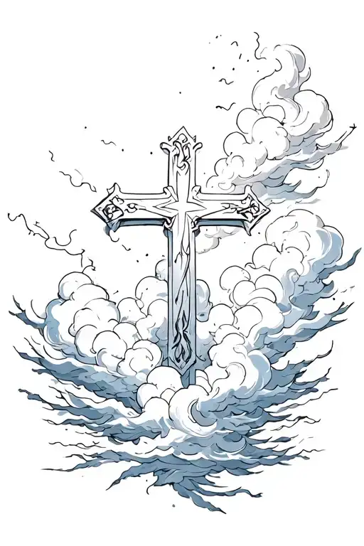 cross with faded clouds masculine tattoo design idea