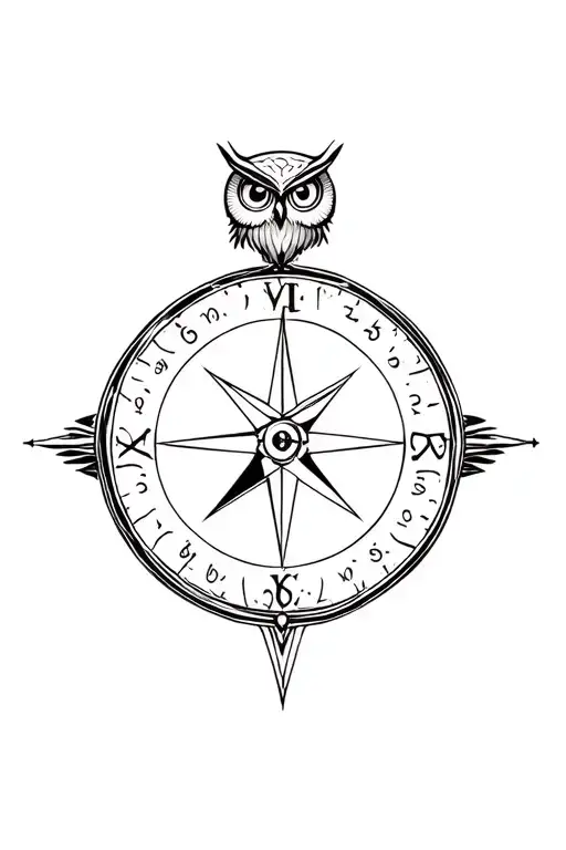 owl compass clock tattoo design idea