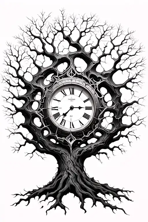 shattered clock in the center of a tree of life as the shattered pieces of clock break off into branches  tattoo design idea