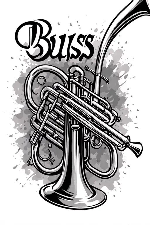 trumpet in background with word "buss" over top. light tattoo with not too dark  tattoo design idea