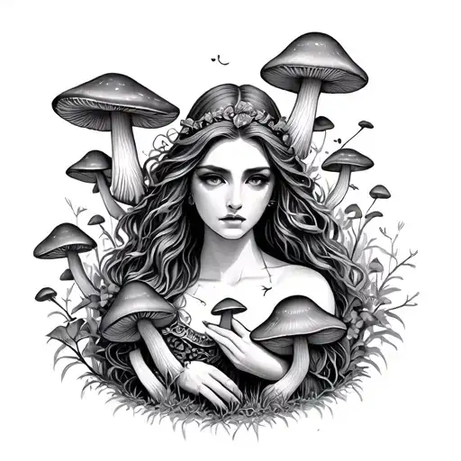 mushrooms and goddess tattoo design idea