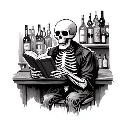 skeleton reading book at bar, brooding tattoo design idea