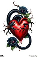 Black mamba rising from a realistic bleeding heart ensnared by two black roses with thorns and pierced by a dagger tattoo design idea