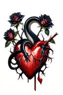 Black mamba rising from a realistic bleeding heart ensnared by two black roses with thorns and pierced by a dagger tattoo design idea