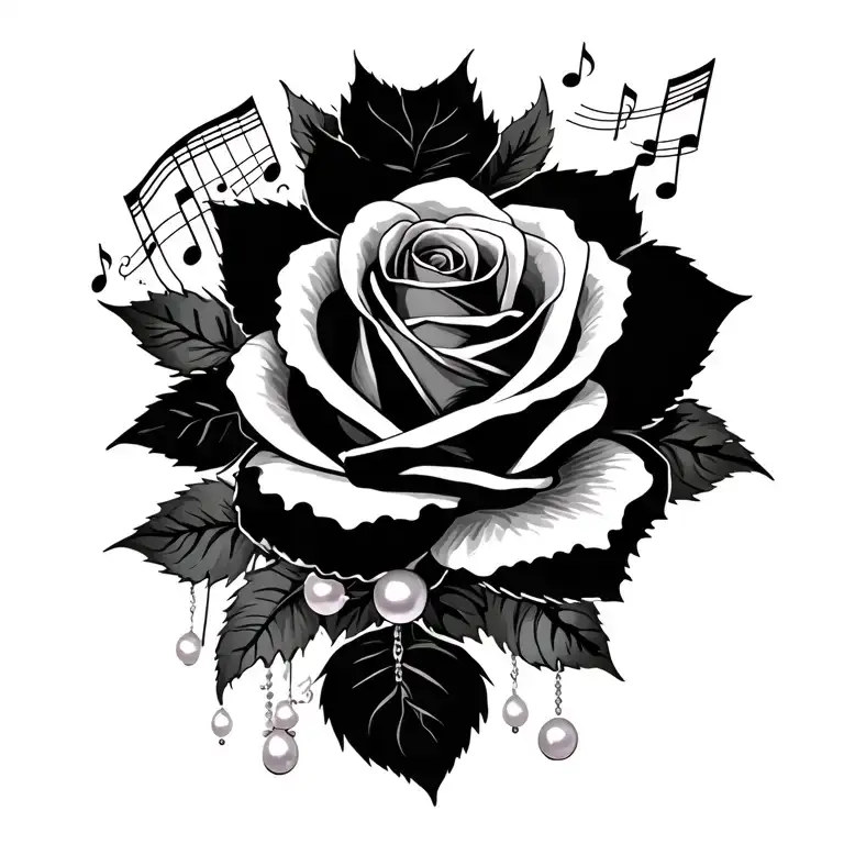roses, music notes, pearl necklace tattoo design idea
