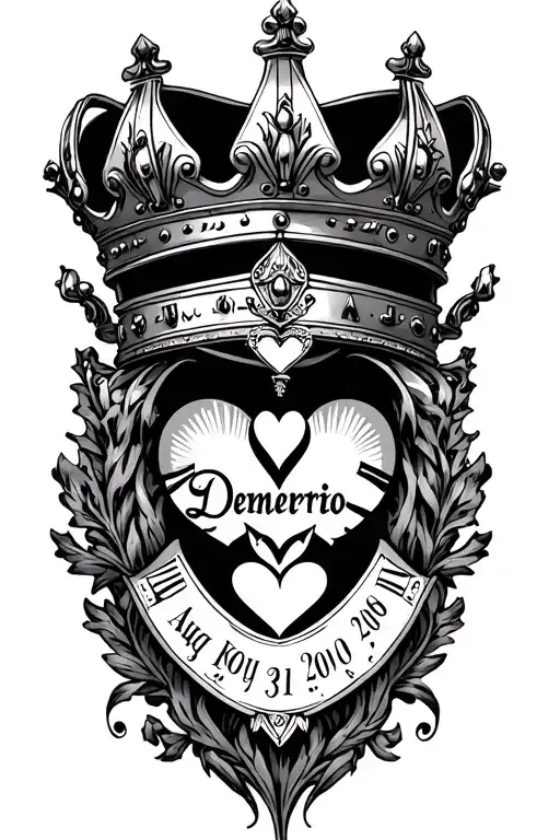 King crown with "Demetrio". Incorporate hearts and date of August 31, 2010 in roman numerals. tattoo design idea